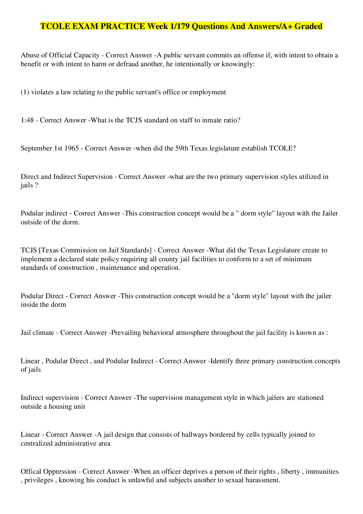 Preview image for TCOLE EXAM PRACTICE Week 1/179 Questions And Answers/A+ Graded